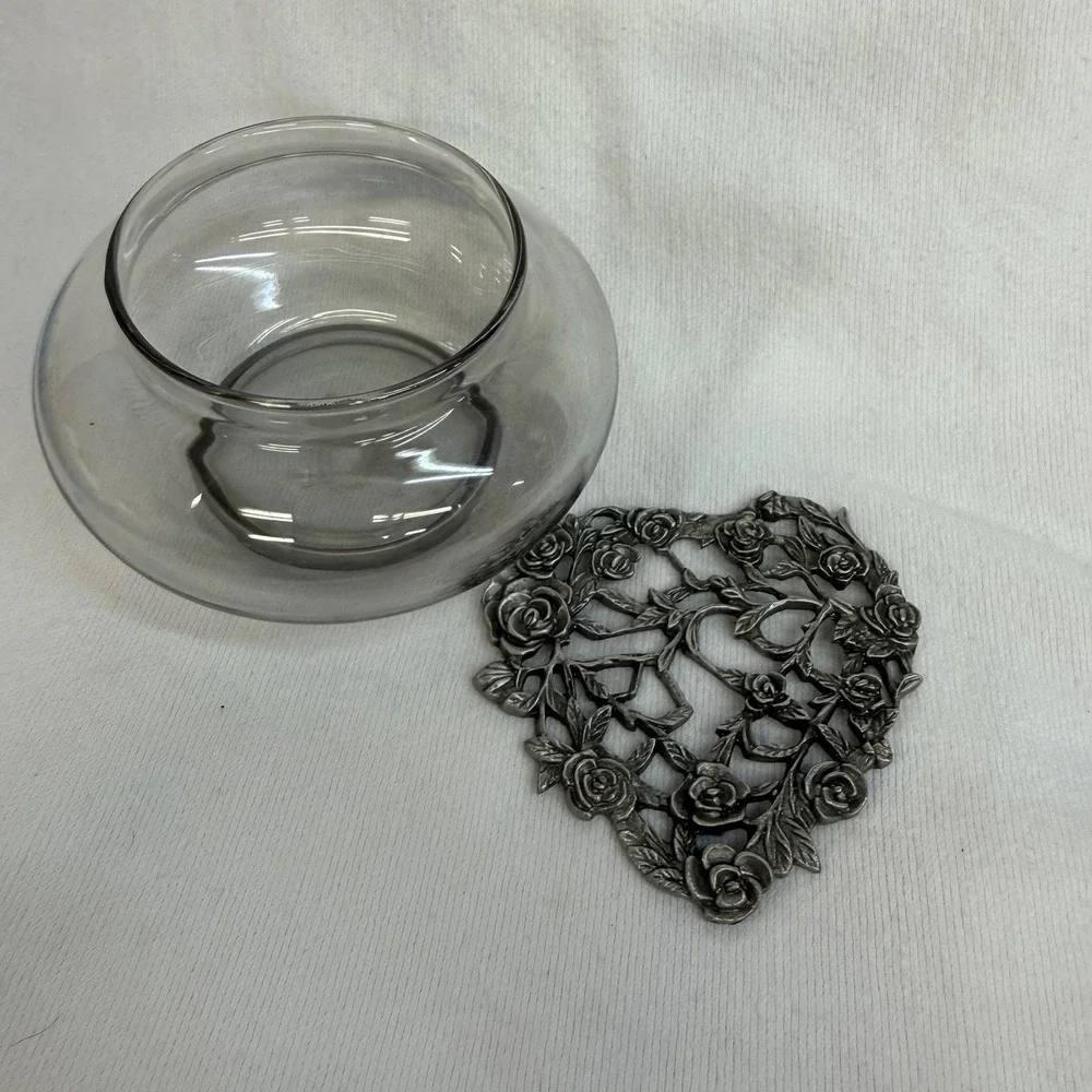 Vintage Pewter & Glass Trinket Potpourri Dish With 3D Roses & Leaves